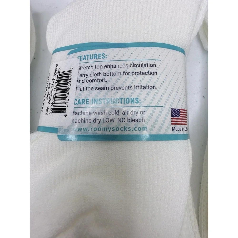 6 Pairs ROOMY Diabetic Socks J800L White Crew Size 6-8 Made In USA Brand New